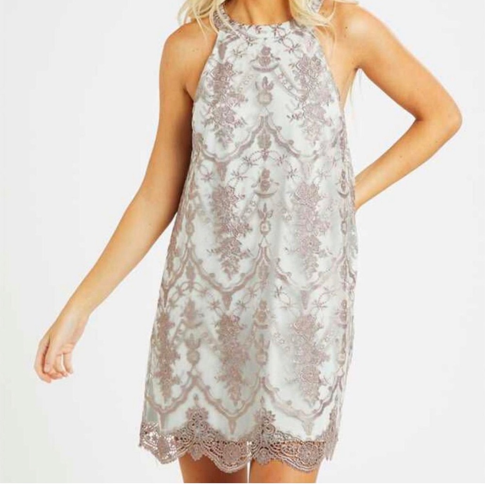 Altar’d State blue & grey floral embroidered lace overlay mini dress